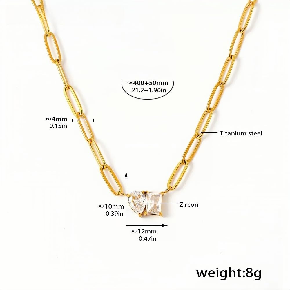 Gold Link Chain Necklace with Clear Zircon Heart & Square Charm 18K Gold Plated Titanium Steel Adjustable 21.2 + 1.96 Elegant
