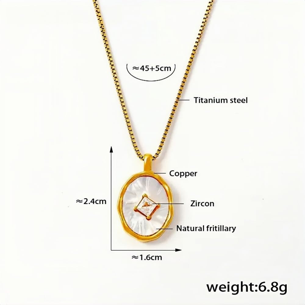 Gold Oval Pendant Necklace Natural Fritillary & Zircon Inlay 18K Gold Plated Copper Frame Titanium Steel Chain Adjustable (4