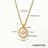 Gold Oval Pendant Necklace Natural Fritillary & Zircon Inlay 18K Gold Plated Copper Frame Titanium Steel Chain Adjustable (4