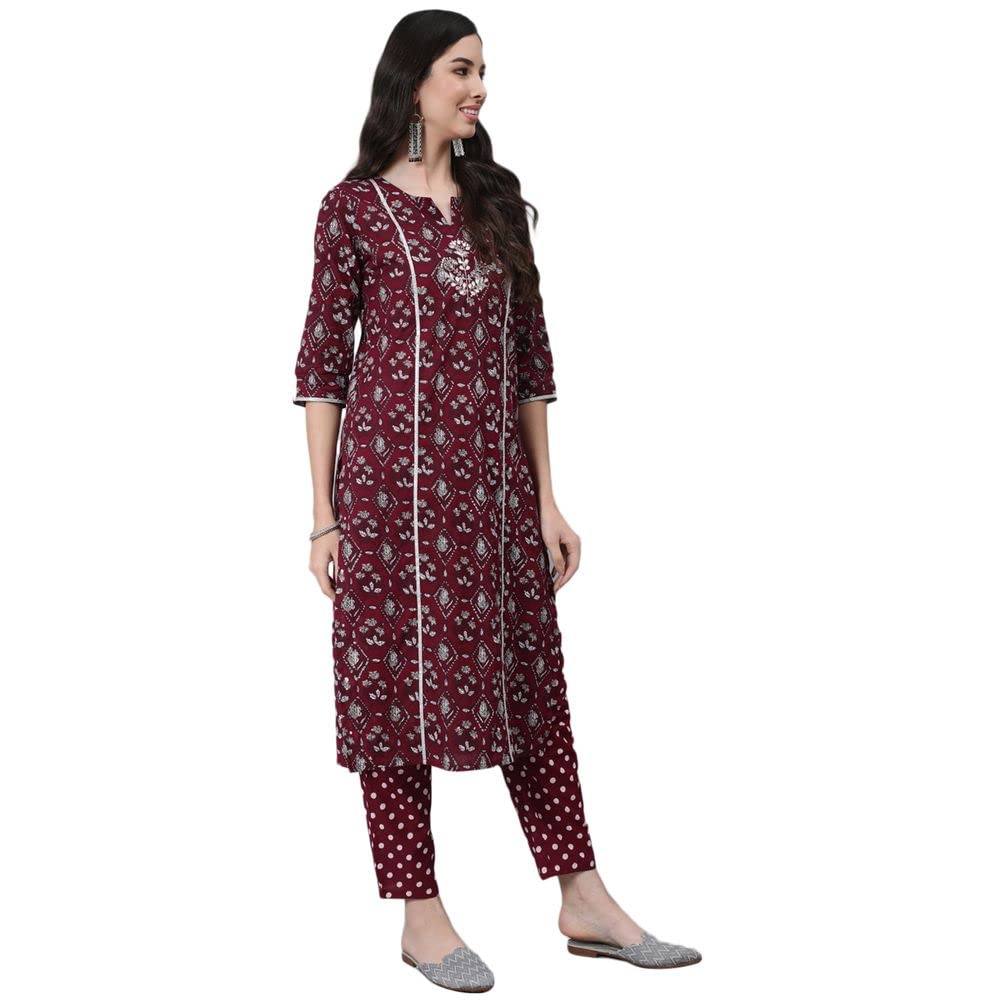 Anubhutee Women Maroon Ethnic Motifs Thread Work Pure Cotton Kurta With Trousers With Dupatta Maroon 2Xl