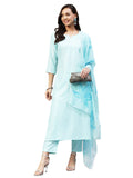 Anni Designer Women'S Cotton Blend Straight Solid Kurta With Pant & Dupatta (Resoti Nw Blue_S_Blue_Small),Blue,S