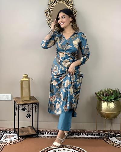Gosriki Women'S Rayon Blend Straight Printed Kurta With Pant (Dhun Cerosin-Nw-Gs_Xl_Dark Blue_X-Large),Dark Blue,,B0CTCL6LYC