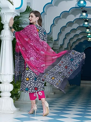 Gosriki Women'S Cotton Blend Straight Printed Kurta With Pant & Dupatta (Tingu Blue-Gs_L_Blue_Large),Blue,,B0CGD6G8L2