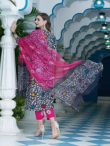 Gosriki Women'S Cotton Blend Straight Printed Kurta With Pant & Dupatta (Tingu Blue-Gs_L_Blue_Large),Blue,,B0CGD6G8L2