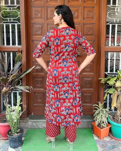 Anni Designer Women'S Rayon Blend Straight Printed Kurta With Palazzo (Gpw Red-Vks01_S_Red_Small),Red,S,Rayon Blend,Casual,