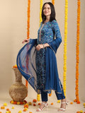 Gosriki Women'S Rayon Blend Straight Bandhej Printed Kurta With Pant & Dupatta (Turae Cerosin-Vks02-Gs_Xl_Dark Blue_X-Large),Dark Blue,,B0DJK2GS7D