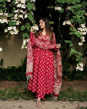 Anni Designer Women'S Rayon Blend Anarkali Printed Kurta With Pant & Dupatta (Ooh Red_S_Red_Small),Red,S,Rayon Blend,Anarkali,Dupatta