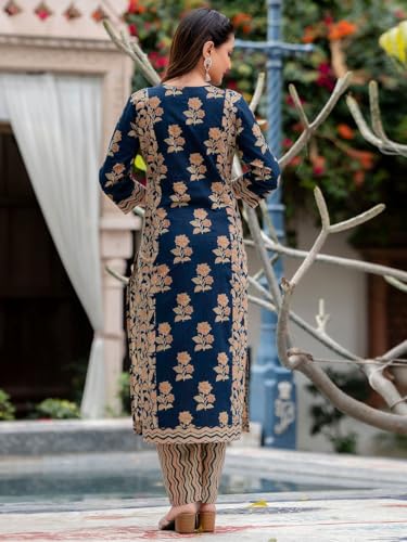 Anni Designer Women'S Rayon Blend Straight Printed Kurta With Pant & Dupatta (Alaya Navy Blue_4Xl_Navy Blue_Xxxx-Large),Navy Blue,4XL,Rayon Blend,Regular,