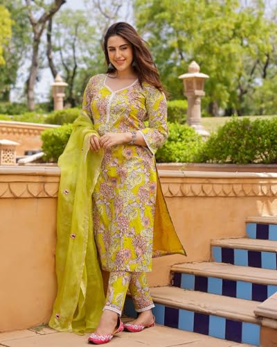 Anni Designer Women'S Cotton Blend Printed Straight Kurta With Pant & Dupatta (Moriya Yellow_Xl_Yellow_X-Large),Yellow,XL,Cotton Blend,Regular,