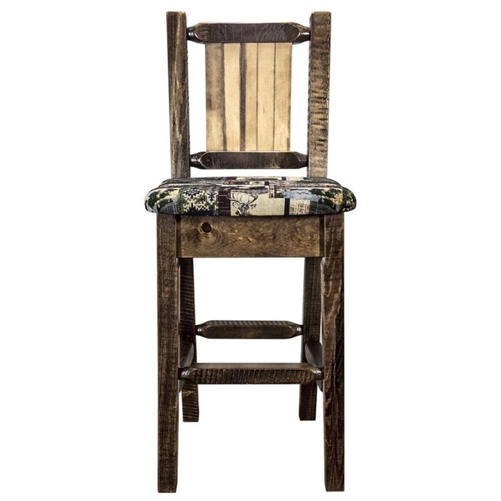 Montana Woodworks Homestead Collection Barstool With Upholstered Seat, Woodland Pattern, Laser Engraved Wolf Design, Stained & L