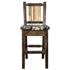 Montana Woodworks Homestead Collection Barstool With Upholstered Seat, Woodland Pattern, Laser Engraved Wolf Design, Stained & L