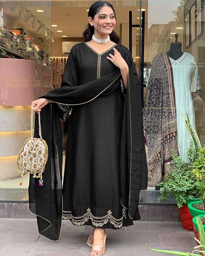 Anni Designer Women'S Rayon Viscose Anarkali Embroidered Kurta With Pant & Dupatta (Ranibai Black_L_Black_Large),Black,L,Rayon,Anarkali,