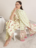 Libas Womens Printed Cotton Straight Kurta With Salwar And Dupatta Off White L 400229O