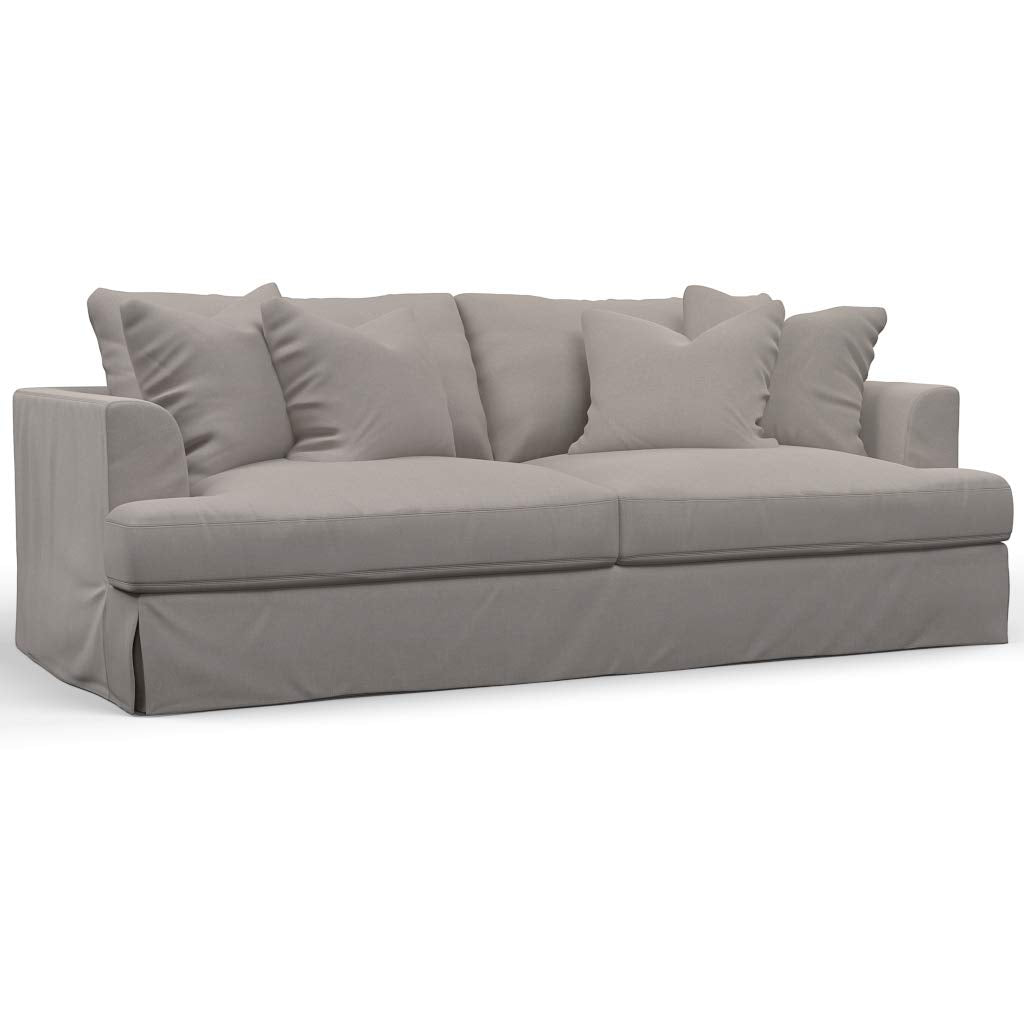 Sunset Trading Newport Slipcovered Recessed Fin Arm 94 Sofa | Stain Resistant Performance Fabric | 4 Throw Pillows | Gray