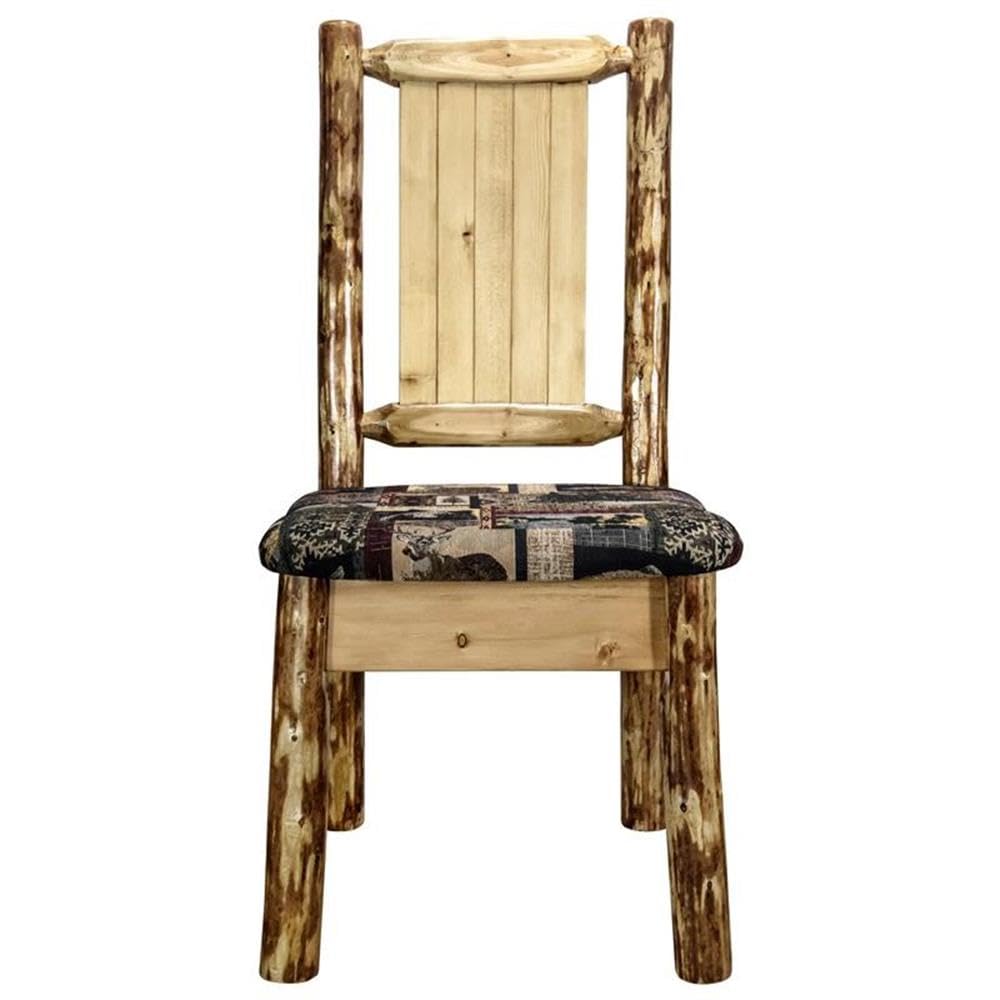 Montana Woodworks Glacier Country Collection Side Upholstered Chair, Woodland Pattern With Laser Engraved Pine Tree Design, Stai