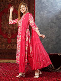 Anni Designer Women'S Cotton Blend Printed Straight Kurta With Pant & Dupatta (Bhadrusha Pink_Xxl_Pink_Xx-Large),Pink,2XL,Cotton Blend,Regular,