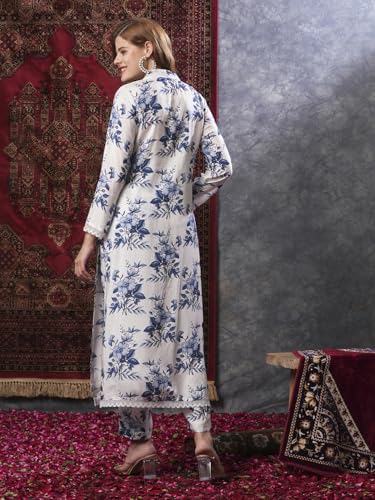 Anni Designer Women'S Cotton Blend Straight Printed Kurta With Pant (Pivar White_S_White_Small),White,S,Cotton Blend,Regular,