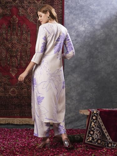 Anni Designer Women'S Rayon Blend Straight Printed Kurta With Palazzo (Gaya Purple_L_Purple_Large),Purple,L,Rayon Blend,Regular,Kurta, Pants