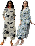 Gosriki Women'S Cotton Blend Printed Straight Kurta With Pant Pack Of 2 (Anaar Beige-Southz Blue-Gs_S_Multi_Small),Multicolour,,B0D6KXGNRC