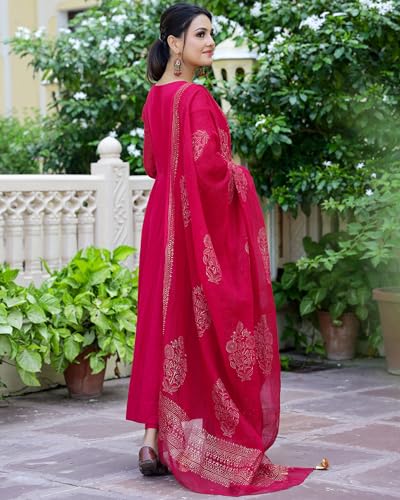 Anni Designer Women'S Rayon Blend Solid Anarkali Kurta With Pant & Dupatta (Magic-Pink_Xl_Pink_X-Large),Pink,XL,Cotton Blend,MAGIC-RED_1359,Kurta, Scarf