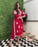 Anni Designer Women'S Rayon Blend Straight Embroidered Kurta With Pant & Dupatta (Sabya Pink_L_Pink_Large),Pink,L,Rayon Blend,Regular,