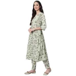Anubhutee Women'S Cotton Printed A-Line Kurta Suit Set With Dupatta & Pants Anu2111387_S_Green