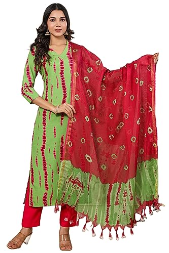 Anni Designer Women'S Rayon Blend Straight Printed Kurta With Pant & Dupatta (Sibori-Methi-Tgd_S_Green_Small),Green,S