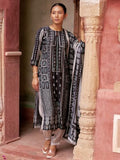 Libas Womens Printed Silk Blend Straight Kurta With Salwar And Dupatta Black Xl