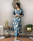 Anni Designer Women'S Cotton Blend Straight Printed Kurta With Pant (Dhun Cerosin_L_Dark Blue_Large),Dark Blue,L,Rayon Blend,DHUN_1509,Kurta