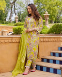 Anni Designer Women'S Cotton Blend Printed Straight Kurta With Pant & Dupatta (Moriya Yellow_Xl_Yellow_X-Large),Yellow,XL,Cotton Blend,Regular,