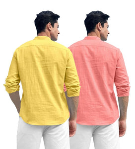Royalscout Combo Of Men'S Solid Cotton Blend Full Sleeve Straight Kurta Shirt (Pack Of 2) Yellow-Peach S