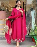 Anni Designer Women'S Rayon Viscose Anarkali Embroidered Kurta With Pant & Dupatta (Ranibai Pink_M_Pink_Medium),Pink,M,Rayon,Anarkali,