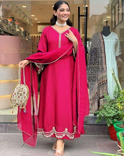 Anni Designer Women'S Rayon Viscose Anarkali Embroidered Kurta With Pant & Dupatta (Ranibai Pink_Xxl_Pink_Xx-Large),Pink,2XL,Rayon Blend,Classic,
