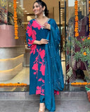 Anni Designer Women'S Cotton Blend Straight Printed Kurta With Pant & Dupatta (Protin-Cerosin_3Xl_Blue_Xxx-Large),Blue,3XL,Cotton Blend,Regular,