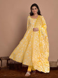 Pinkmint Women Cotton Blend Anarkali Floral Printed Kurta With Pant & Dupatta Yellow Yellow L