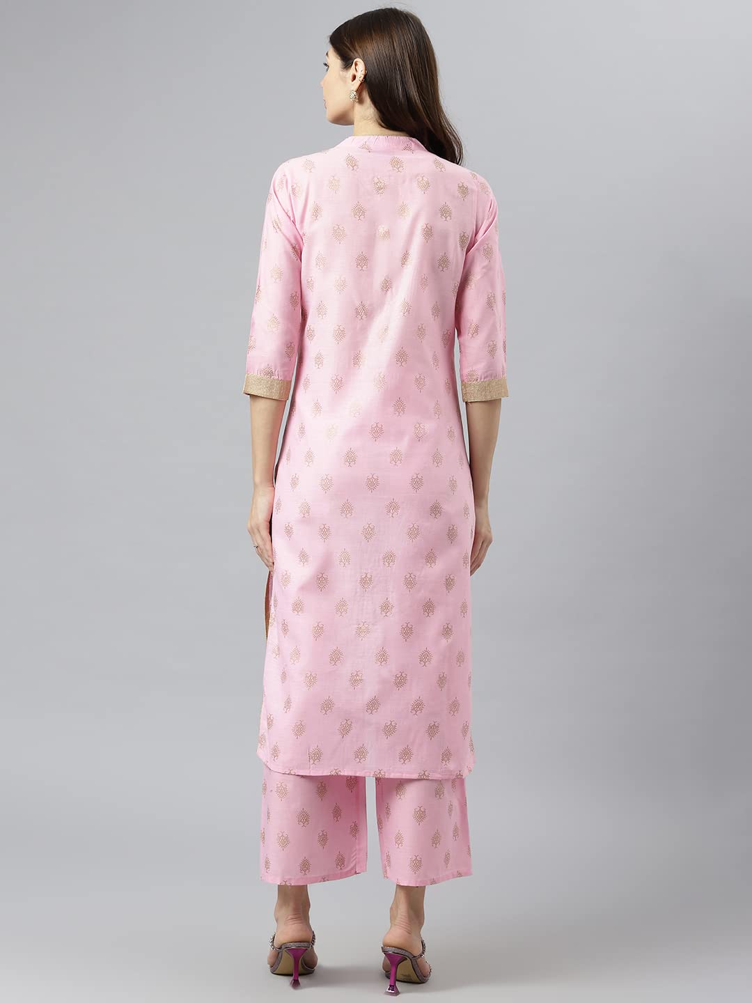 Anni Designer Women'S Polycotton Straight Printed Kurta With Palazzo (Kinju Pink_S_Pink_Small),Pink,S,Polycotton,Straight,Palazzo