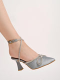 Women'S Silver Satin High Heel Sandals Pointed Toe Party Heels With Rhinestone Bow & Ankle Strap Elegant Stilettos For Weddings & Events Eu37,Silver,4,B0DJJWHDBB