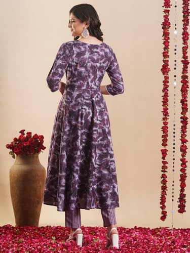 Anni Designer Women'S Rayon Blend Anarkali Printed Kurta With Pant (Sipradh Purple_Xxl_Purple_Xx-Large),Purple,2XL,Rayon Blend,Anarkali,
