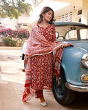 Anni Designer Women'S Cotton Blend Straight Printed Kurta With Pant & Dupatta (Ja Gadi Red-Nw_L_Blue_Large),Red,L,Cotton Blend,Regular,