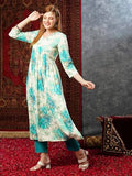 Anni Designer Women'S Cotton Blend Straight Printed Kurta With Pant (Fulan See Green_M_See Green_Medium),See Green,M,Cotton Blend,Regular,