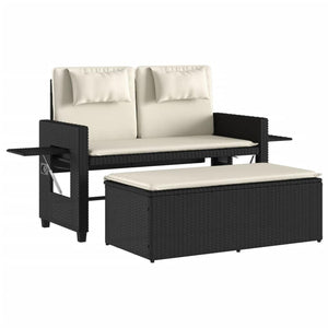 Vidaxl Reclining Patio Bench/Sofa Bed With Cushions - Outdoor Furniture Black Poly Rattan - Adjustable, Convertible, With Side Tables,Cushions