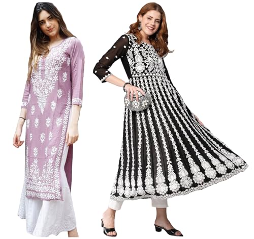 Anni Designer Women'S Cotton Blend Embroidered Straight Kurti Combo Pack Of 2 (Victoria Purple & Kari Black_2095_Multicolor_Medium),Multicolour,M