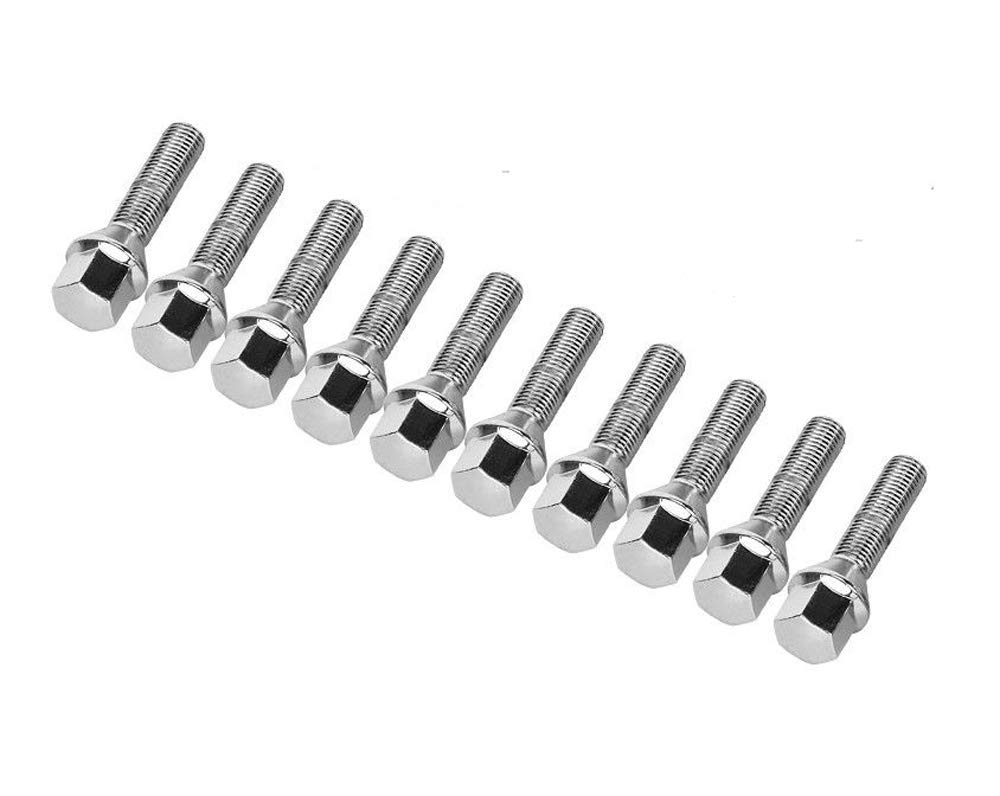 10pc Extended Silver Lug Bolts 12x1.5 (40mm Shank Length, Cone Seat) for Many BMW Vehicles: 128i 135i 318i 320i 325i 328i 335i M