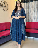Anni Designer Women'S Rayon Viscose Embroidered Anarkali Kurta With Pant & Dupatta (Kanota Kerosin-Vks05_Xxl_Dark Blue_Xx-Large),Dark Blue,2XL,Rayon,Anarkali,