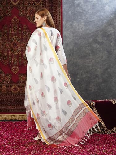 Anni Designer Women'S Cotton Blend Straight Printed Kurta With Pant & Dupatta (Nairiti White-Jl_5Xl_White_Xxxxx-Large),White,5XL,Cotton Blend,Regular,
