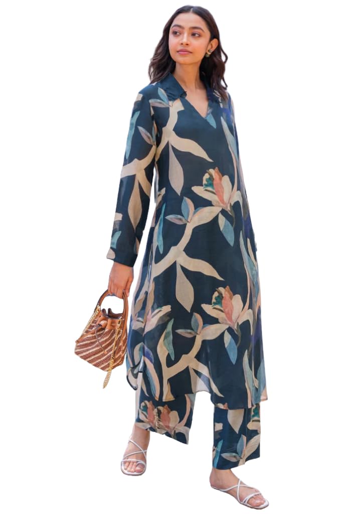 Gosriki Women'S Rayon Blend Straight Printed Kurta With Palazzo (Pitama Blue-Gs_M_Blue_Medium),Blue,,B0DFCGC1M8