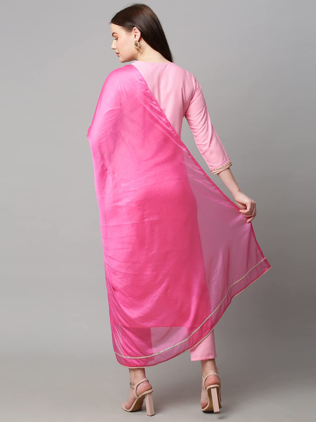 Anni Designer Women'S Cotton Blend Solid Straight Kurta With Pant & With Dupatta (Aard_Baby Pink_Xxl_Baby Pink_Xx-Large),Baby Pink,2XL,Cotton Blend,Regular,Dupatta