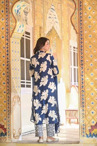 Anni Designer Women'S Cotton Blend Printed Straight Kurta With Pant & Dupatta (Makaba Blue_S_Blue_Small),Blue,S,Cotton Blend,Regular,Kurta, Scarf