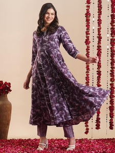 Gosriki Women'S Rayon Blend Anarkali Printed Kurta With Pant (Sipradh Purple-Gs_M_Purple_Medium),Purple,,B0DFXZTQDX