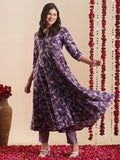 Anni Designer Women'S Rayon Blend Anarkali Printed Kurta With Pant (Sipradh Purple_Xxl_Purple_Xx-Large),Purple,2XL,Rayon Blend,Anarkali,